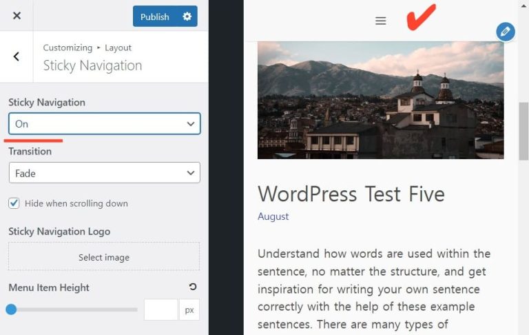 GeneratePress 스티키 네비게이션 헤더 설정하는 방법